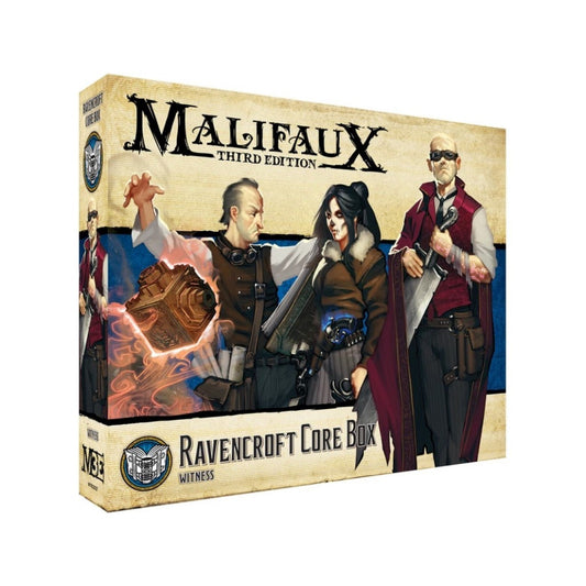 The box art for the Malifaux Third Edition Ravencroft Core Box, featuring three characters from the Witness faction: a man levitating a glowing cube, a dark-haired woman with a serious expression, and a man in a red coat holding a large knife.