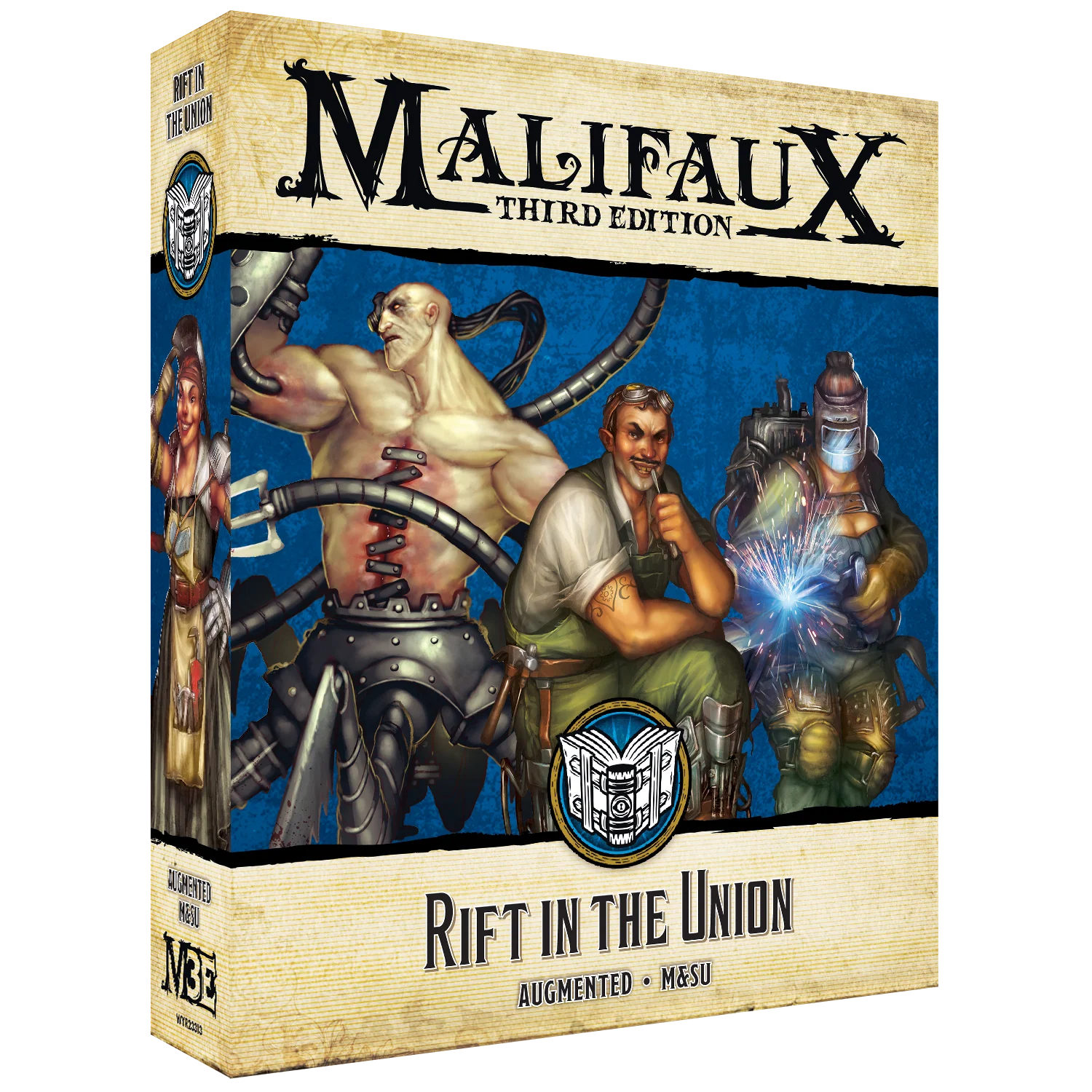 The front of the box for the Malifaux Third Edition "Rift In The Union" set, showing artwork of Howard Langston and Union Steamfitters from the Augmented and M&SU keywords.
