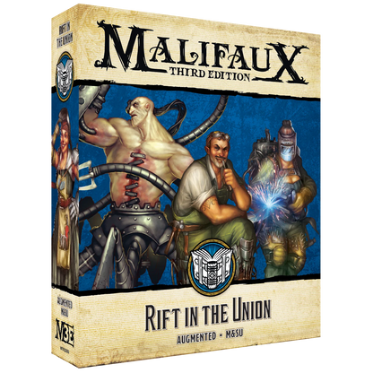 The front of the box for the Malifaux Third Edition "Rift In The Union" set, showing artwork of Howard Langston and Union Steamfitters from the Augmented and M&SU keywords.