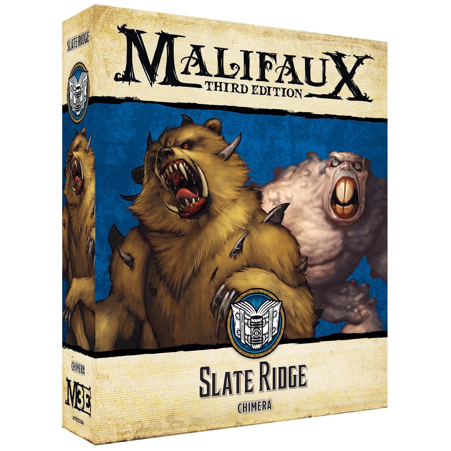 The front of the Malifaux Third Edition "Slate Ridge" box, featuring artwork of two monstrous Chimera creatures: a large, brown, bear-like beast with spikes and a pale, fleshy, squat monster.