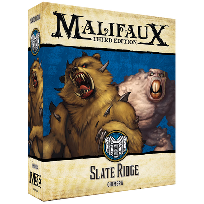 The front of the Malifaux Third Edition "Slate Ridge" box, featuring artwork of two monstrous Chimera creatures: a large, brown, bear-like beast with spikes and a pale, fleshy, squat monster.