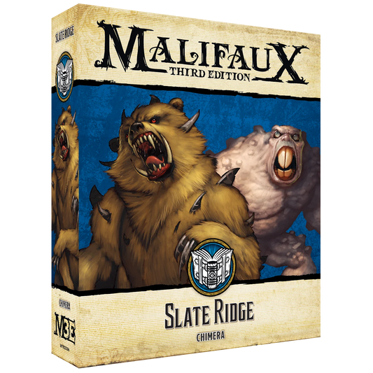 The front of the Malifaux Third Edition "Slate Ridge" box, featuring artwork of two monstrous Chimera creatures: a large, brown, bear-like beast with spikes and a pale, fleshy, squat monster.