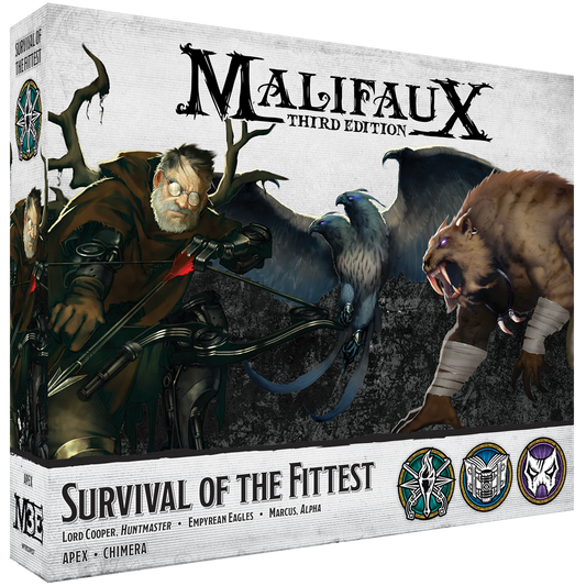  Begin your journey into the world of Malifaux with the Survival of the Fittest core box. This set features Master Titles and includes models for Lord Cooper, Marcus, and the Empyrean Eagles.