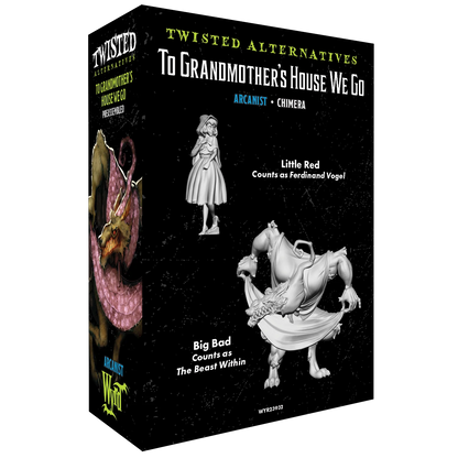 The back of the To Grandmother's House We Go box, showing the renders for the two included Malifaux miniatures.