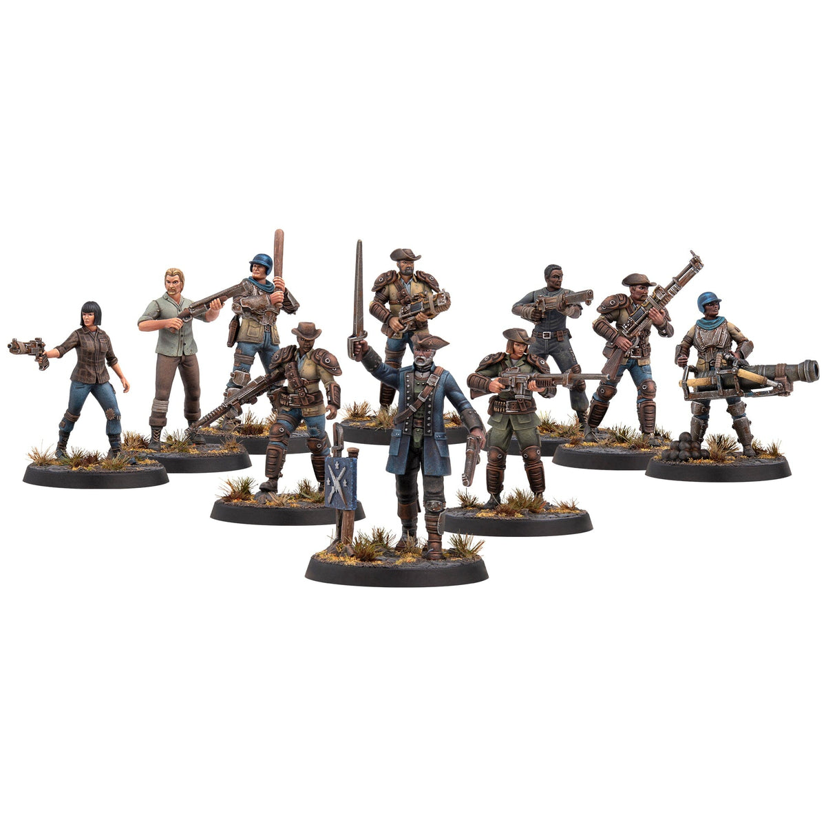 Ten fully painted Minutemen miniatures including the Colonel, Lieutenants, and Militia armed with laser muskets.