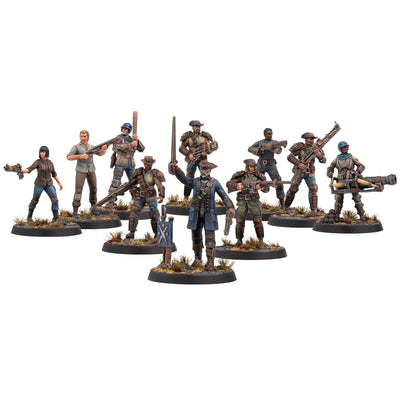 Ten fully painted Minutemen miniatures including the Colonel, Lieutenants, and Militia armed with laser muskets.