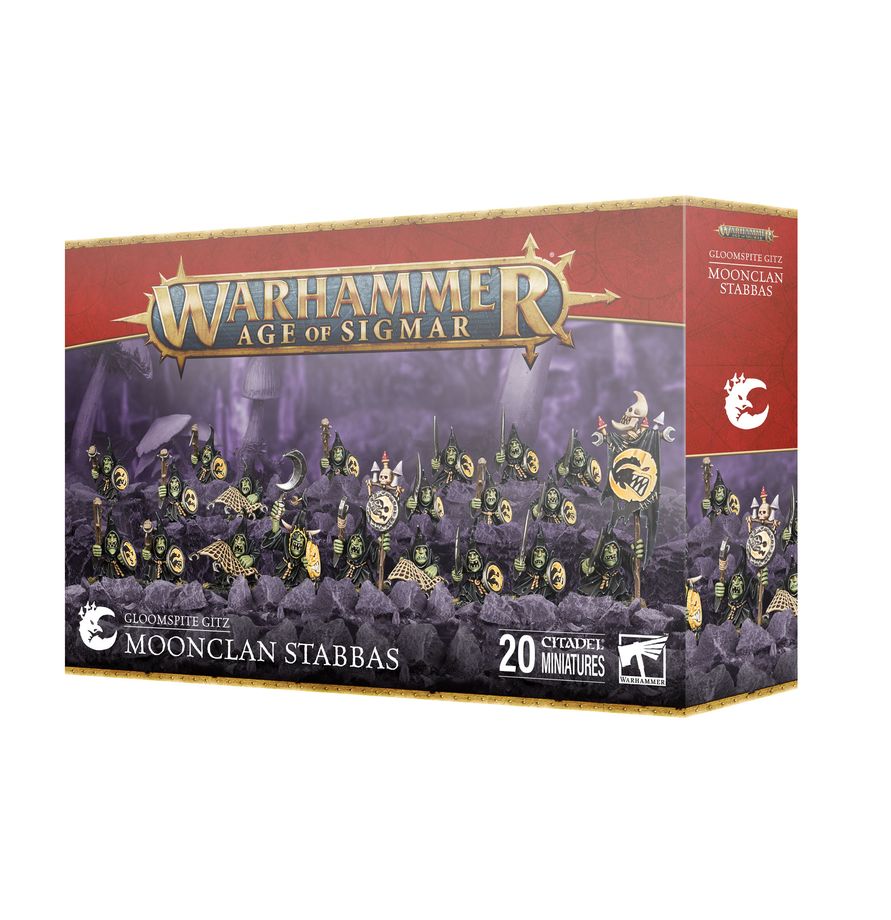 The official retail product box for the Moonclan Stabbas miniature kit, featuring the fully assembled and painted Gloomspite Gitz models.