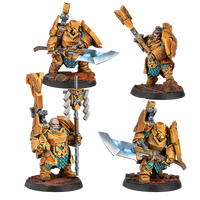 Painted dwarf miniatures, weapon bits, bases, and command cards included inside the Unrelenting set.