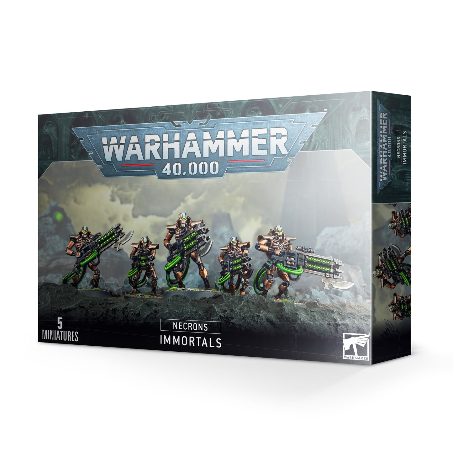 Box art for a 5-man squad of metallic bronze Necrons Immortals holding large black and glowing green gauss blaster rifles. Christchurch, NZ.