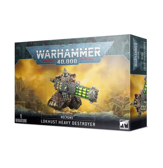 Box art for a Necrons Lokhust Heavy Destroyer hovering skeletal metal model wielding a massive glowing green cannon over yellow smog. Christchurch, NZ.