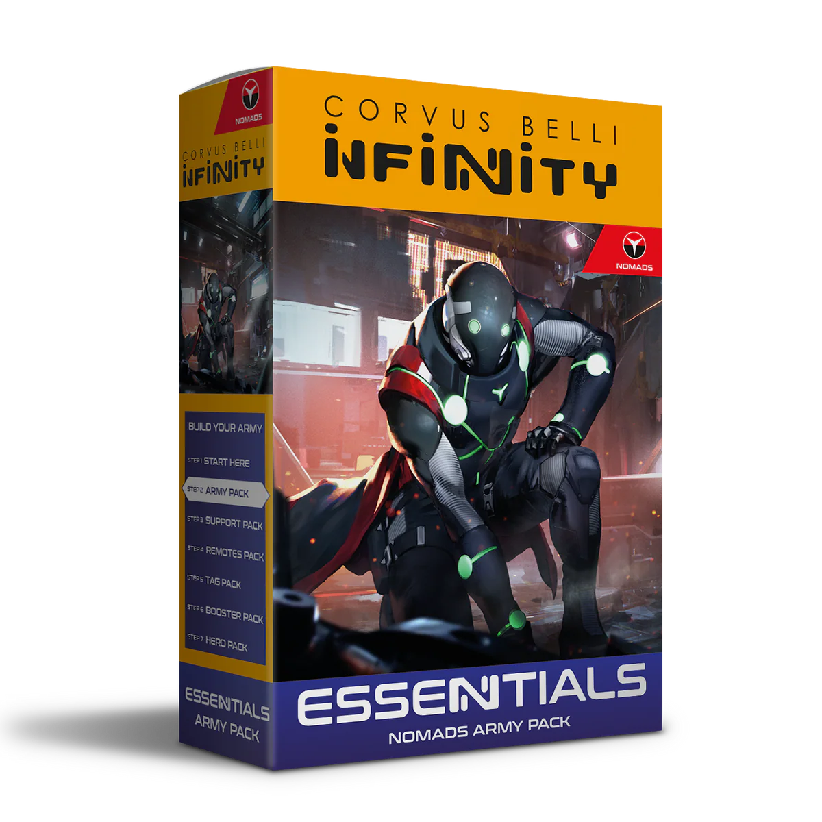 Front cover packaging for the Infinity Nomads Army Pack starter set.