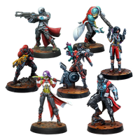 Seven painted miniatures, character profile cards, and weapons chart included in the Nomads Army Pack.