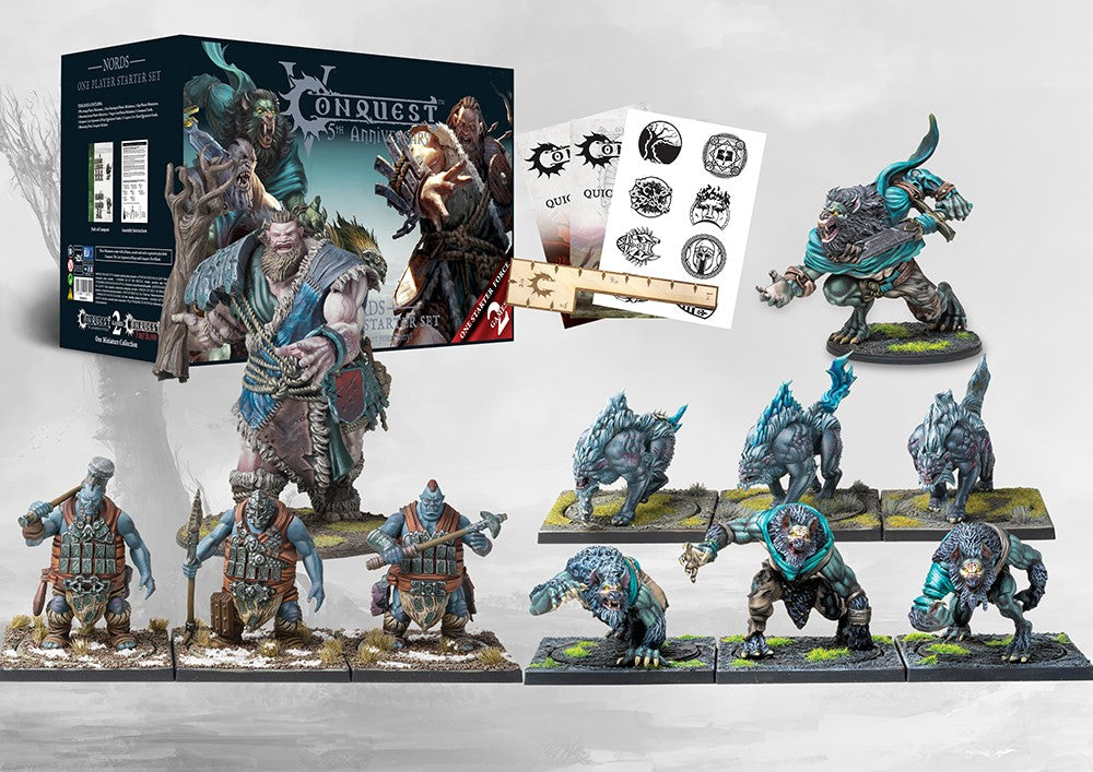 Fully painted Nords miniatures featuring Vargyr Lord, Werewargs, Ugr, Fenr, and Mountain Jotnar alongside gaming components.