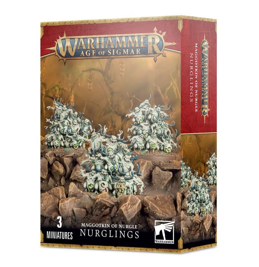 The official retail product box for the Nurglings miniature kit, featuring the fully assembled and painted Chaos models.