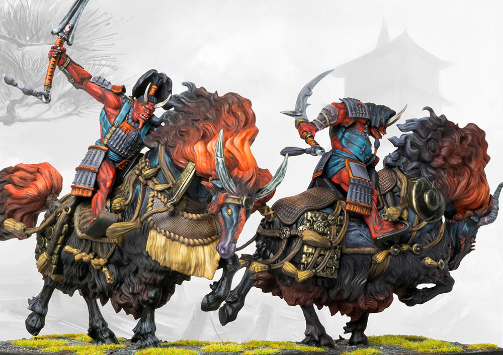 The fully painted Oni Kishin Kiba cavalry models charging forward with greatblades drawn.