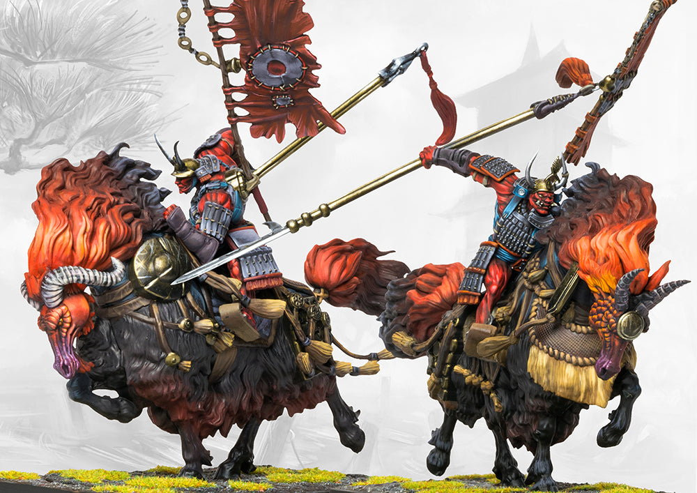 The fully painted Oni Kishin Raiu cavalry miniatures charging with banners raised.