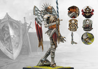 The painted Hundred Kingdoms Archangel miniature for Conquest, with inset images showing close-up details of its armor, crown, and weaponry.