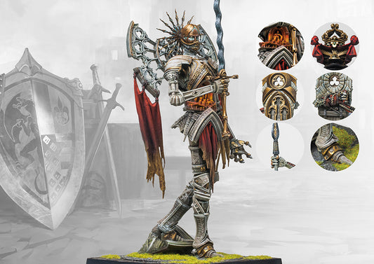 The painted Hundred Kingdoms Archangel miniature for Conquest, with inset images showing close-up details of its armor, crown, and weaponry.