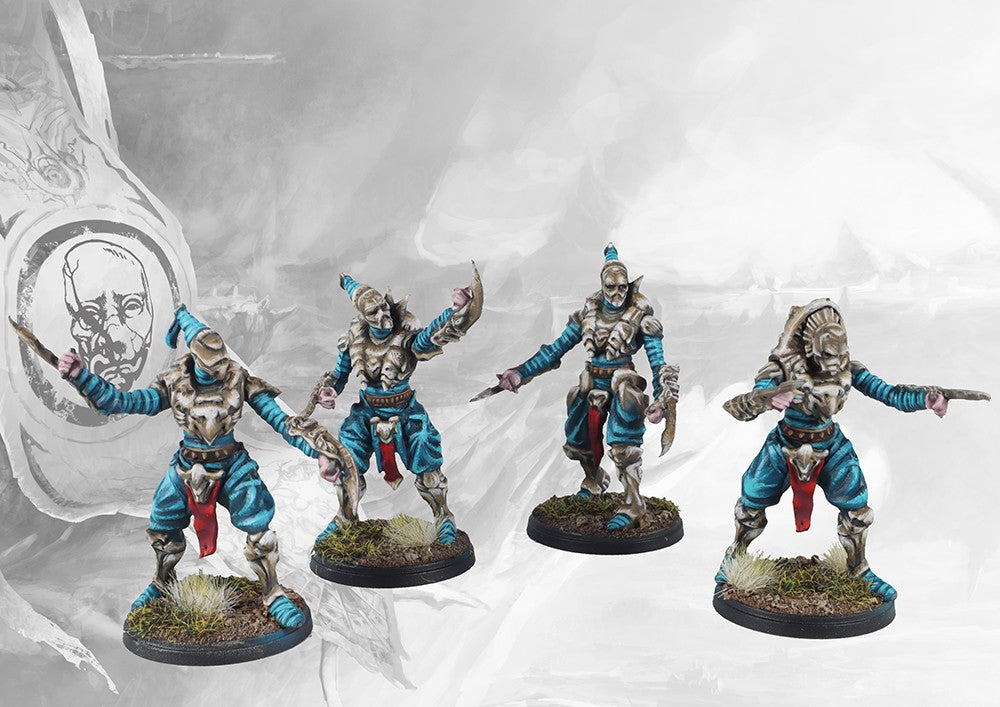 Four individual painted Spires Onslaught Drones miniatures, the assault variant from the Bound Clones/Onslaught Drones Dual Kit.
