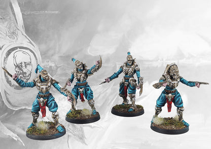 Four individual painted Spires Onslaught Drones miniatures, the assault variant from the Bound Clones/Onslaught Drones Dual Kit.