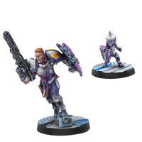 Fully painted metal miniatures of Optimate Agent Maximus and the MateBot Minimus.