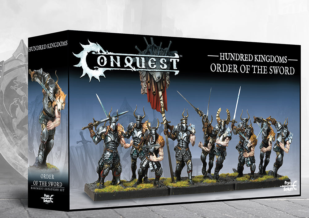 Front box art packaging for the Conquest Hundred Kingdoms Order of the Sword miniatures unit.