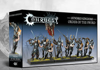 Front box art packaging for the Conquest Hundred Kingdoms Order of the Sword miniatures unit.