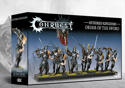 Front box art packaging for the Conquest Hundred Kingdoms Order of the Sword miniatures unit.
