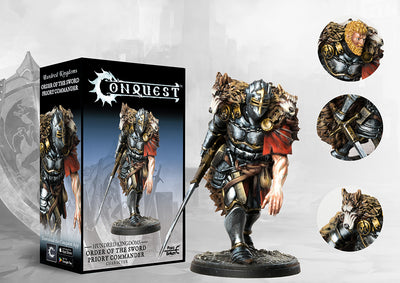Front packaging for the Conquest Hundred Kingdoms Order of the Sword Priory Commander character model.
