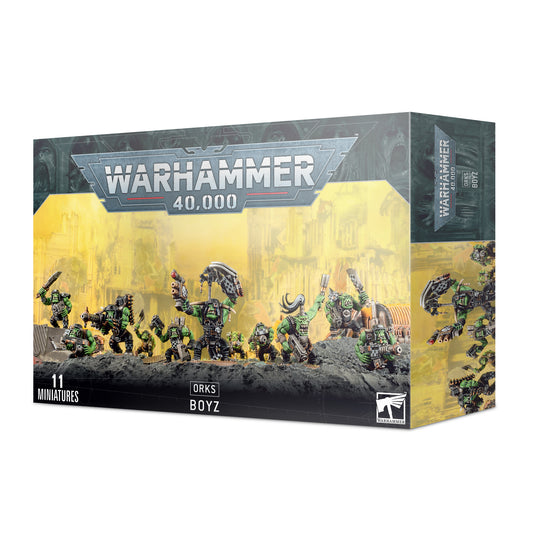 Box art for an 11-miniature horde box of green-skinned Orks Boyz with shootaz and choppaz. Christchurch, NZ.