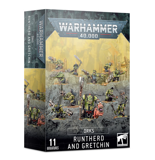 Box art for an 11-miniature Orks Runtherd and Gretchin horde set showing small green Grots with crude pistols and a large Ork handler. Christchurch, NZ.