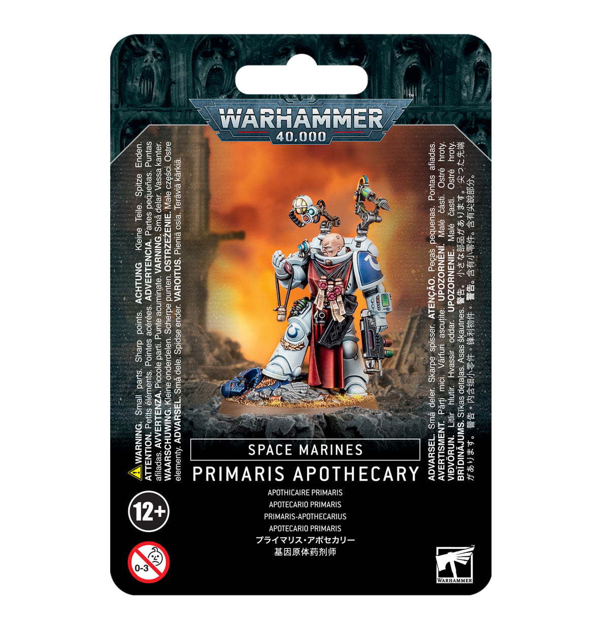 The official retail product box for the Primaris Apothecary miniature kit, featuring the fully assembled and painted Space Marines model.