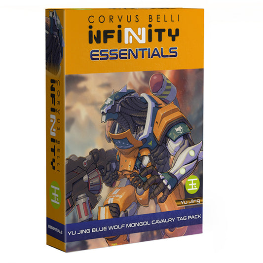 The box for the Infinity Essentials Yu Jing Blue Wolf Mongol Cavalry TAG Pack, showing the agile yellow and blue TAG in a dynamic pose.