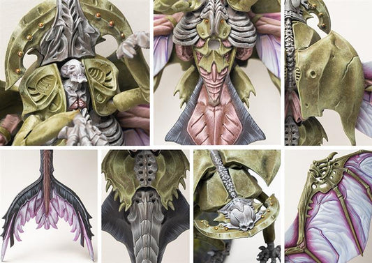 Detailed component collage of the Spires Pteraphon miniature, focusing on the pilot's head, skeletal chest, and intricate wing membranes.