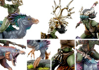 Close-up detail shots of the Raptor Rider miniatures, focusing on the dinosaur's fierce head, feathered crest, taloned feet, and the rider's skeletal or horned tribal helmet.