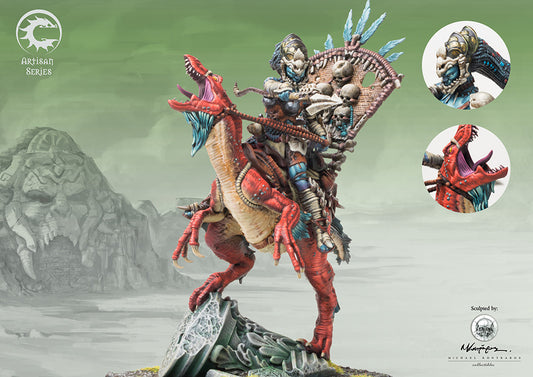 Unpainted, assembled Artisan Series Mounted Predator model, showcasing the dynamic sculpt of the female W'adrhŭn chieftain on her fearsome dinosaur mount.
