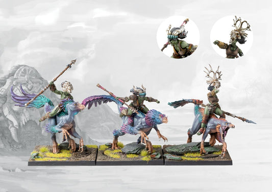 Three individual painted Raptor Riders miniatures in a dynamic charge pose, highlighting the brightly feathered mounts and the W'adrhŭn tribal riders.