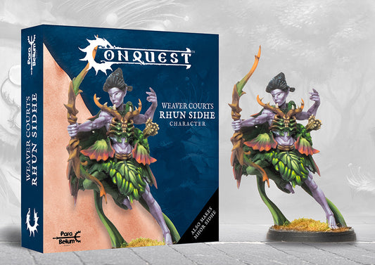 The product box for the Conquest Weaver Courts Rhun Sidhe, shown next to the painted miniature of the fey archer. The box indicates it is a dual kit that also builds a Mhor Sidhe.
