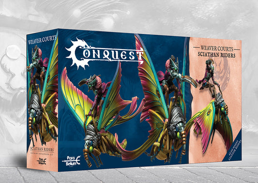 The box art for the Conquest Weaver Courts Ciannir Riders, a dual kit that also builds Sciathan Riders, featuring warriors mounted on giant moths.