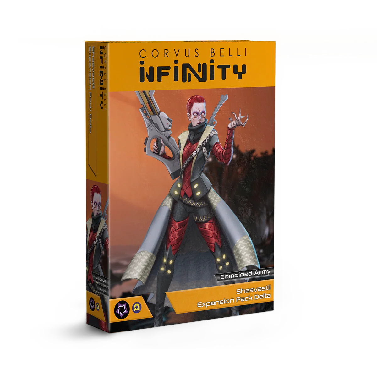 Front packaging art of the Infinity Shasvastii Expansion Pack Delta miniature set.