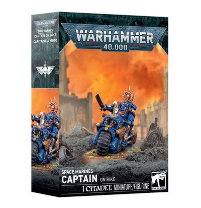 The official retail product box for the Space Marines Captain on Bike miniature kit.