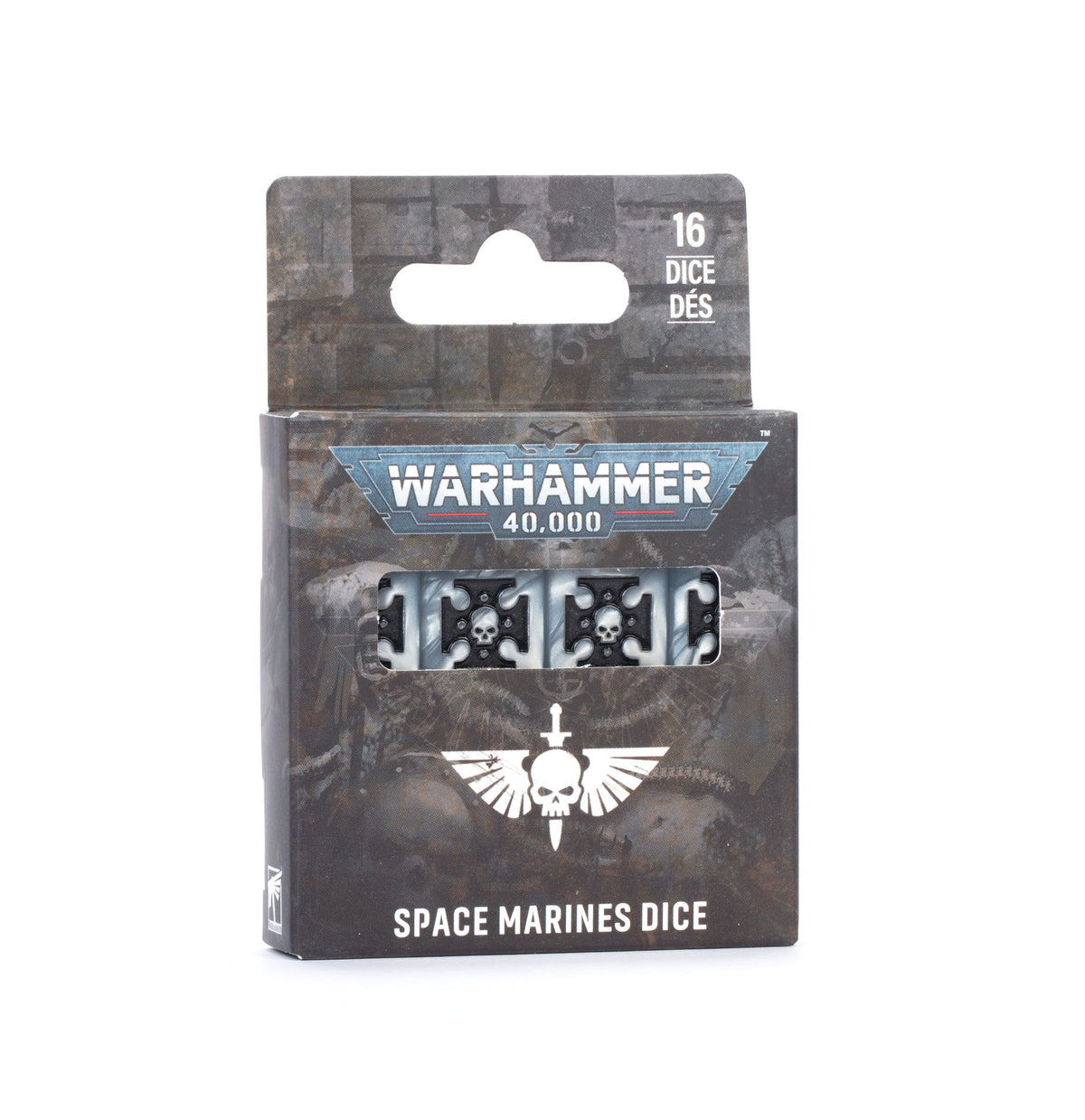 The official Space Marines themed 16mm dice set in metallic silver.