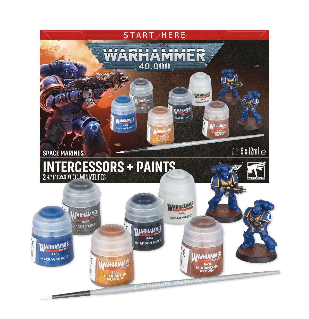 The official retail product box for the Space Marines Intercessors + Paints set, displaying the push-fit miniatures, paints, and brush.