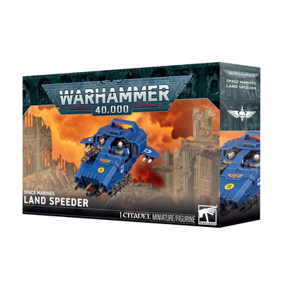 The official retail product box for the Space Marines Land Speeder miniature kit.