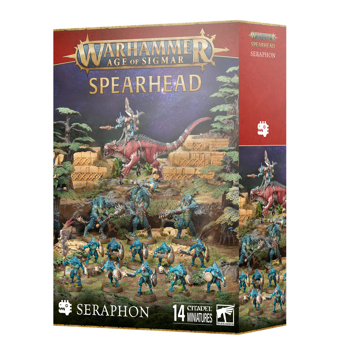 The official retail product box for the Spearhead: Seraphon miniature kit, featuring the fully assembled and painted Seraphon models.
