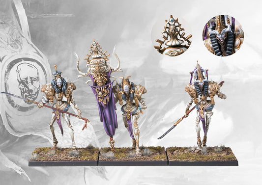 Three fully painted Conquest Avatara plastic miniatures on bases, the elite infantry unit for The Spires faction.