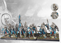 Fully assembled and painted Spires Bound Clones miniatures regiment with shields and spears, highlighting the armor and teal cloth details.