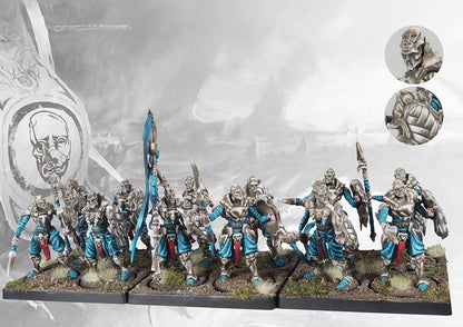 Fully assembled and painted Spires Bound Clones miniatures regiment with shields and spears, highlighting the armor and teal cloth details.