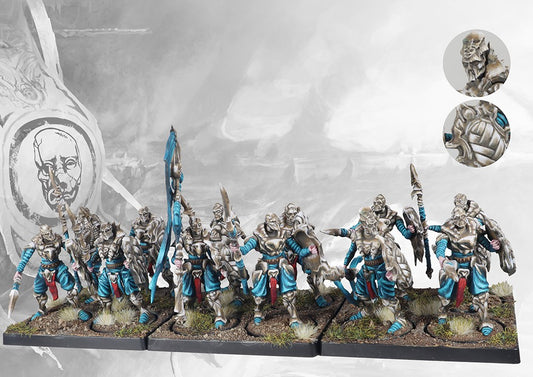 Fully assembled and painted Spires Bound Clones miniatures regiment with shields and spears, highlighting the armor and teal cloth details.