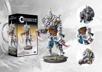     Box art and close-up details of the Conquest: The Spires Catabolic Node command upgrade, showing its unique, unstable bio-engineered form.